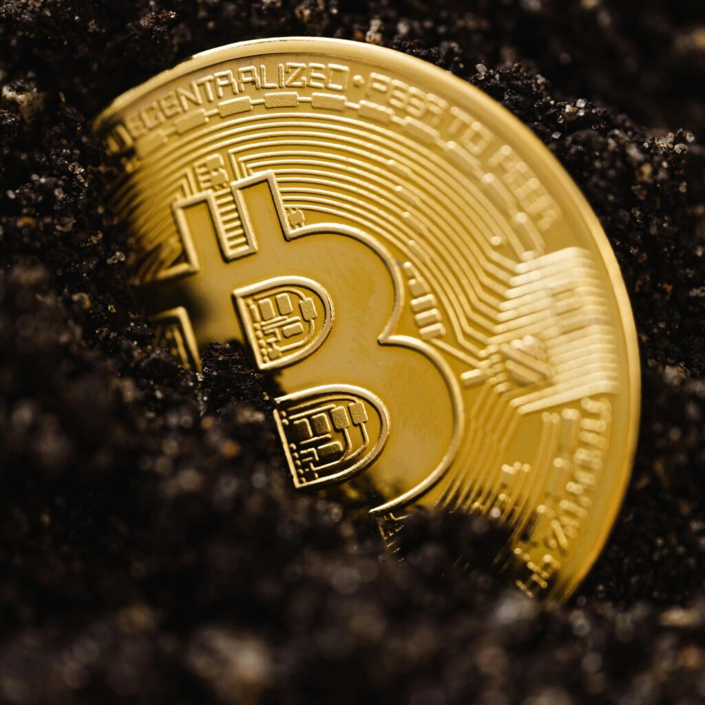 Close-up of a gold Bitcoin coin emerging from dark soil, representing digital currency growth.